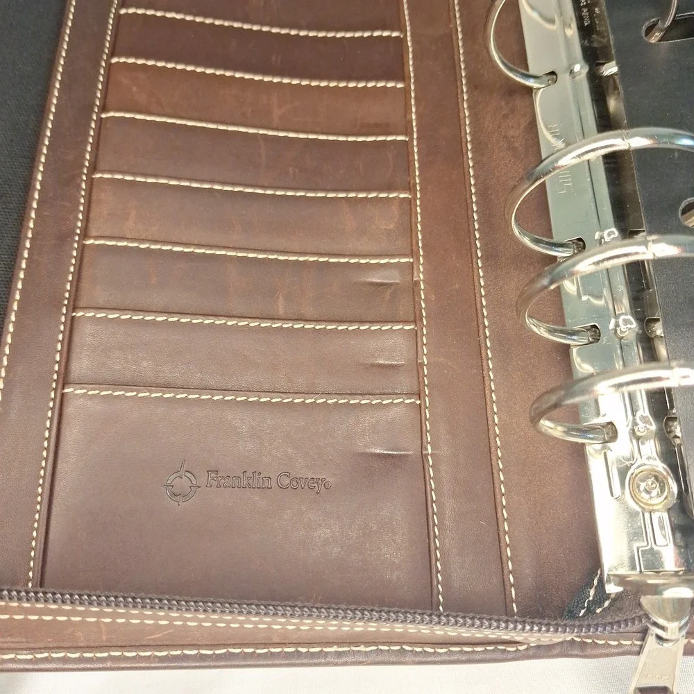 Franklin Covey 7 Ring Brown‎ Leather Carry Handle Full Zip Briefcase Binder 3744